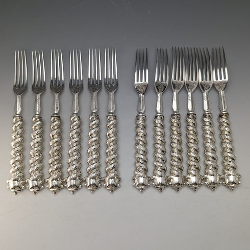 Circa 1850 British Antique Solid Silver Handle Cutlery 12 Pair Set in Wooden Box Martin Hall